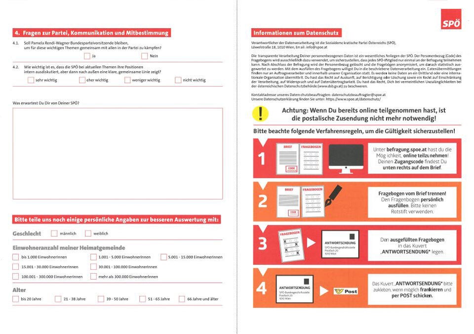 Diesen Frage-Bogen erhalten heute 158.000 SPÖ-Mitglieder