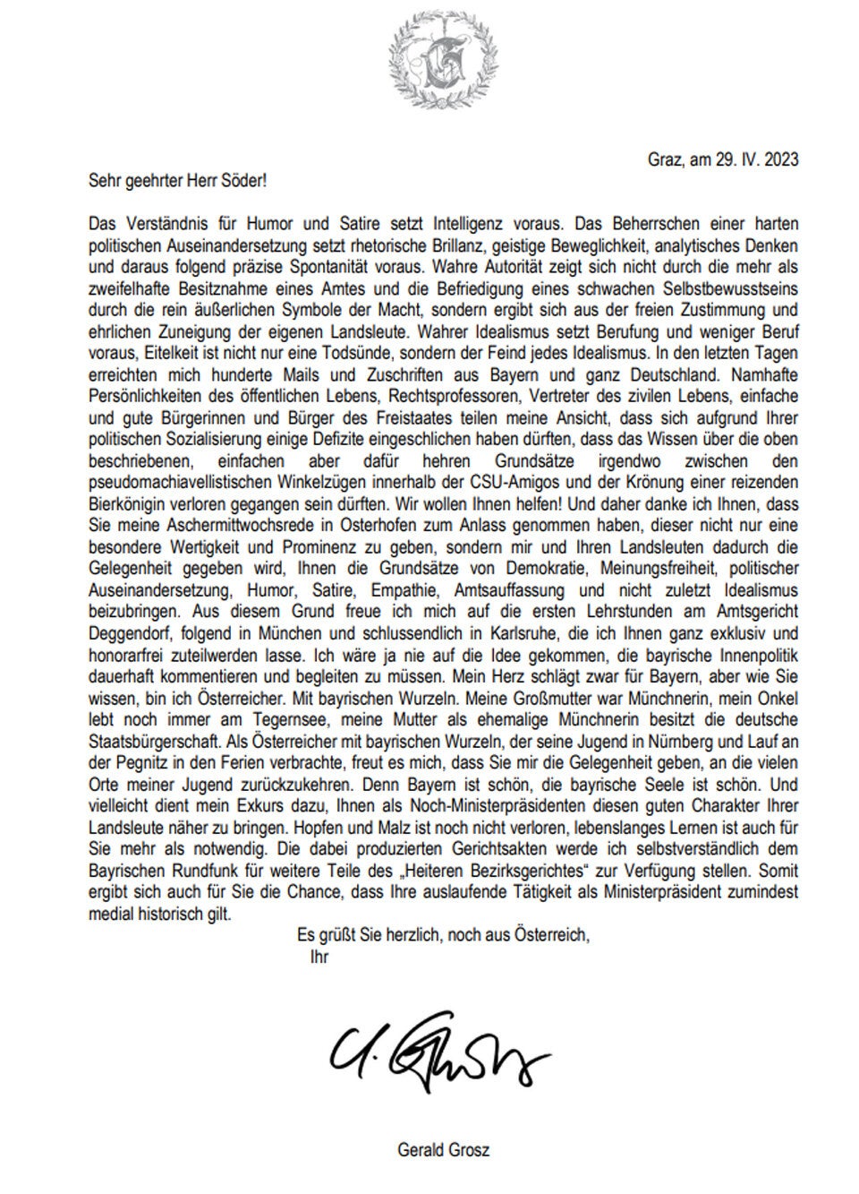 Nach Anzeige: Grosz kontert Söder mit offenem Brief