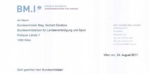 Innenministerin kritisiert Darabos per Brief