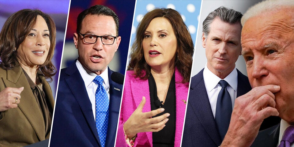 Vizepräsidentin Kamala Harris, Josh Shapiro, Gretchen Whitmer und Gavin Newsom