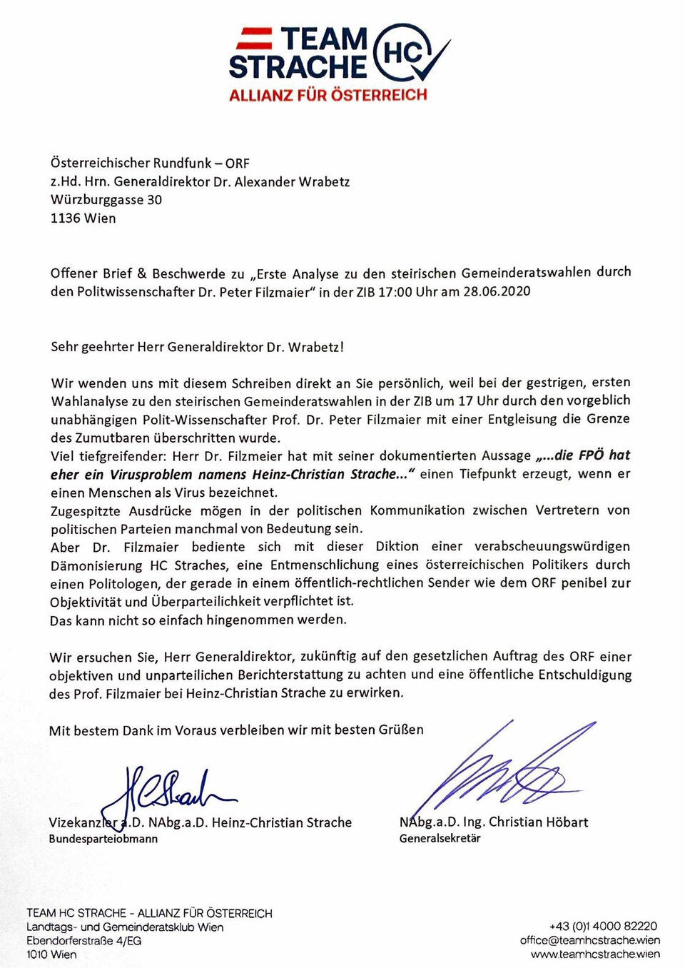 Strache legt Beschwerde bei Wrabetz ein