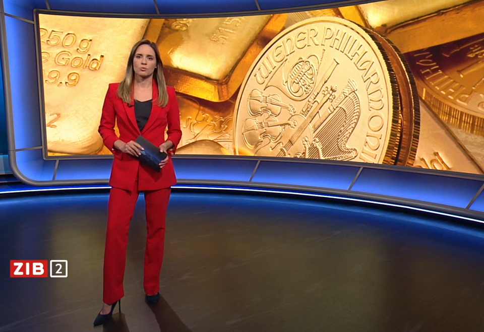 ORF-Moderatorin Margit Laufer präsentiert das Gold-Rekordhoch in der ZIB2.