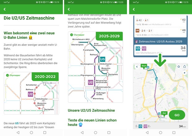 Öffi-App zeigt, wie viel Zeit man mit U2 & U5 spart