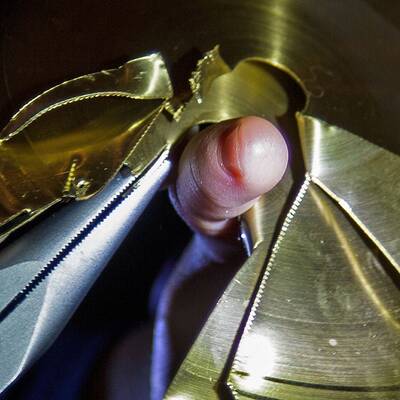 Bub steckte mit Finger in Schlagzeug fest