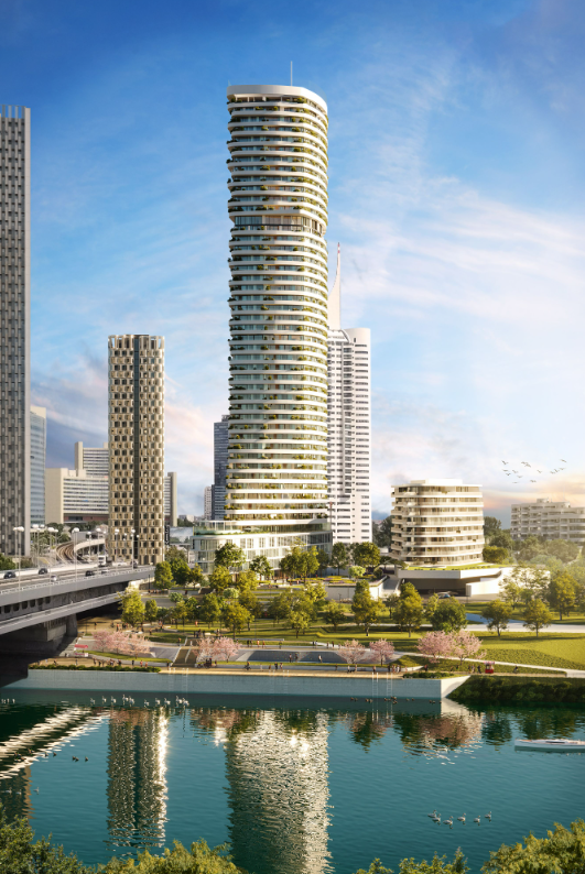 Visualisierung des 180 Meter hohen Wohnturms auf der Donauinsel.