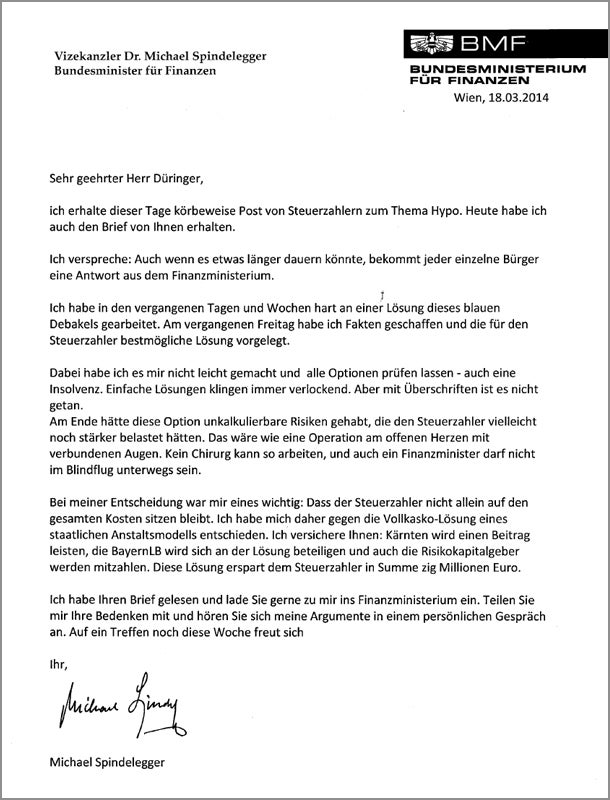 Spindelegger antwortet Düringer