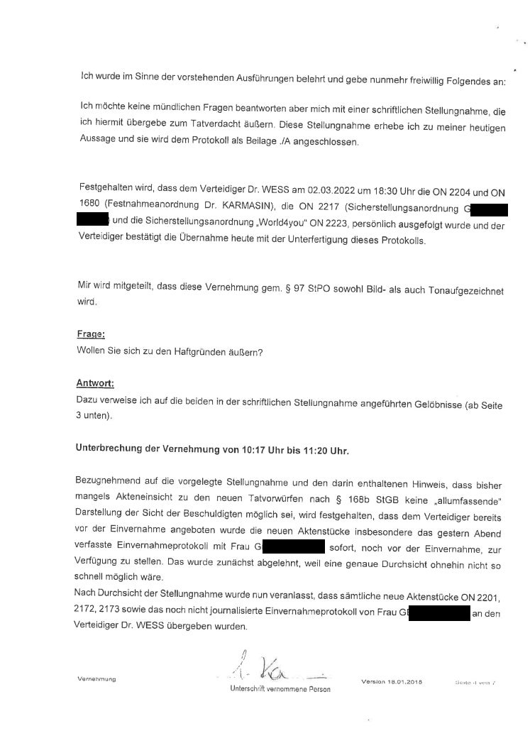 Karmasin: Das komplette Aussageprotokoll im Wortlaut
