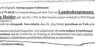 Staatsanwalt erhielt Mord-Anzeige im Fall Haider