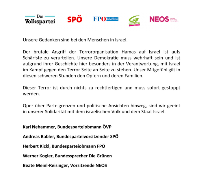 FPÖ-Chef verurteilt gemeinsam mit allen anderen Parteichefs den Terror der Hamas.