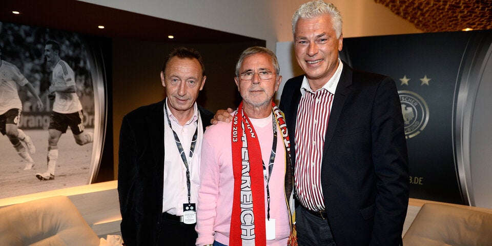 Gerd Müller 2013 gemeinsam mit Joachim Streich und Toni Polster (v. li. n re.) bei einem Meeting von ehemaligen Nationalspielern