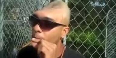 Mann mit halbem Kopf warnt: Keine Drogen!