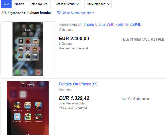 iPhones mit Fortnite zu Wucherpreisen auf eBay