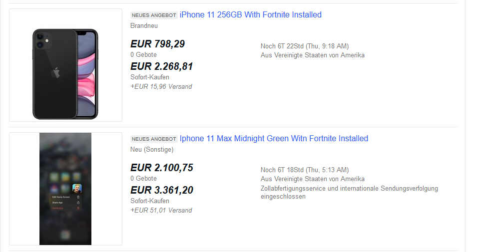 iPhones mit Fortnite zu Wucherpreisen auf eBay