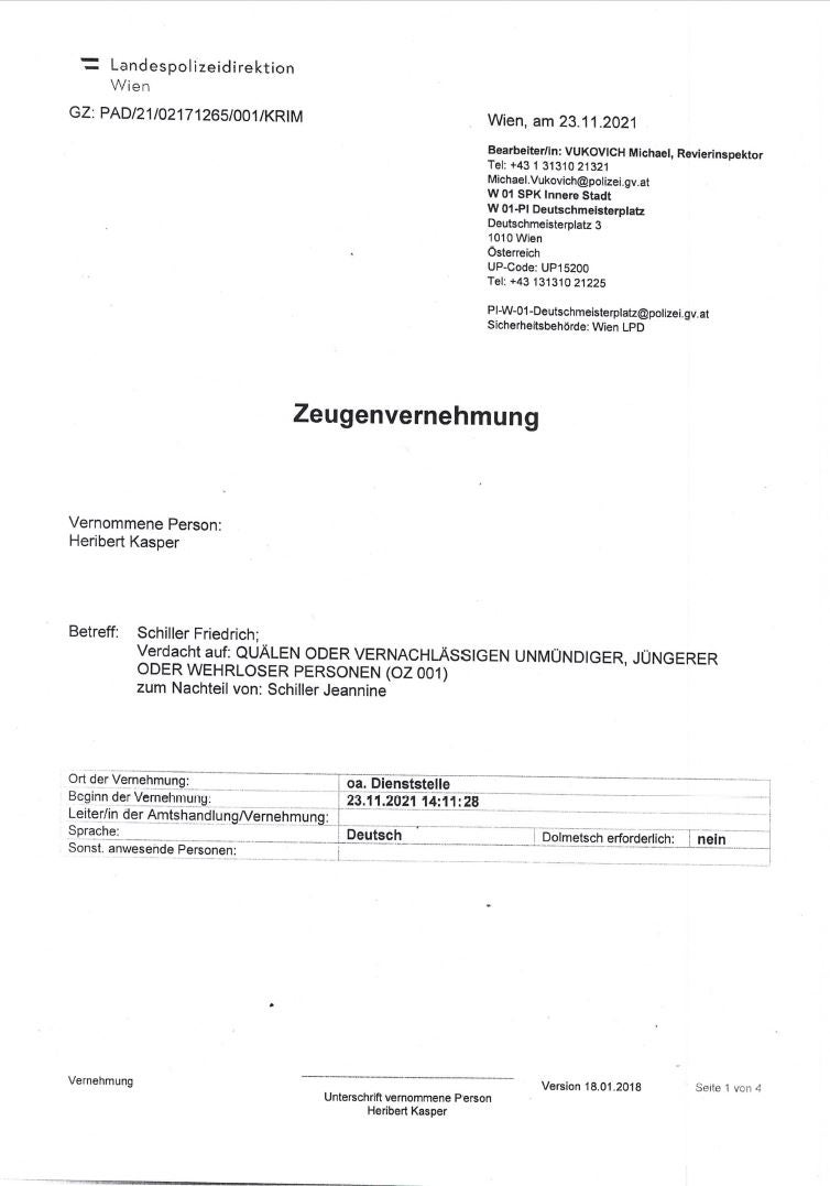 Heribert Kaspers Anzeige gegen Friedrich Schiller