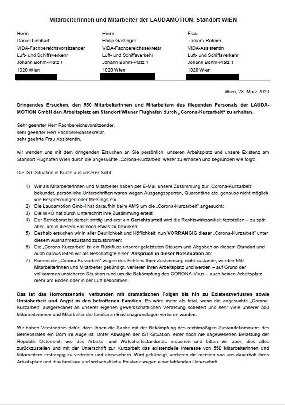 Kurzarbeit: Offener Brief von Laudamotion-Mitarbeitern