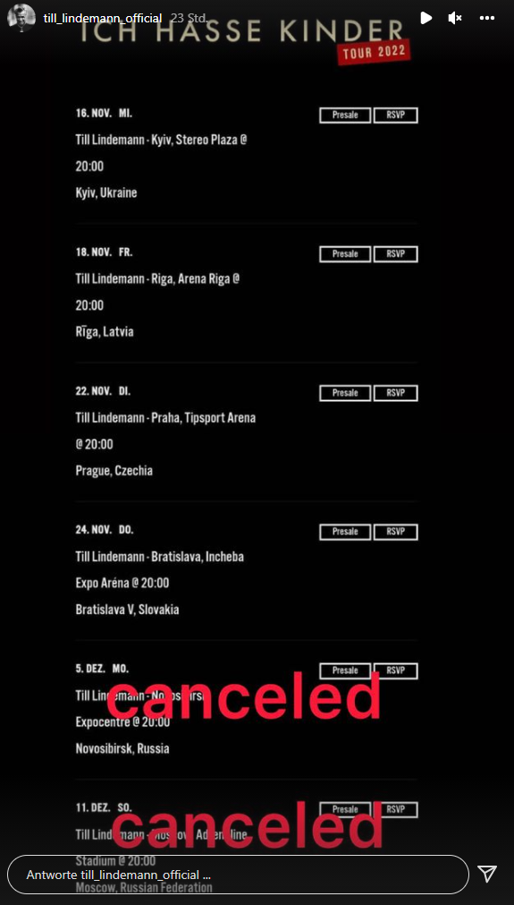 Rammstein-Sänger Lindemann sagt Russland-Konzerte ab