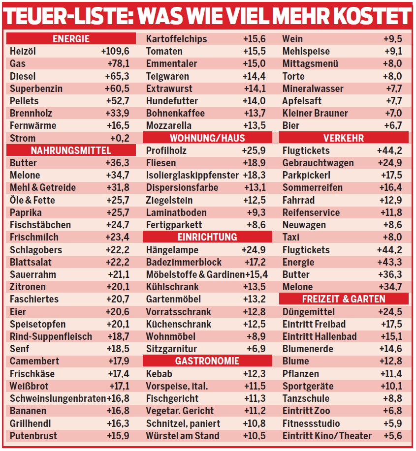 Teuerungs-Liste: Was wie viel mehr kostet