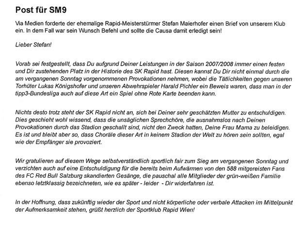 Rapid: Offener Brief an Maierhofer