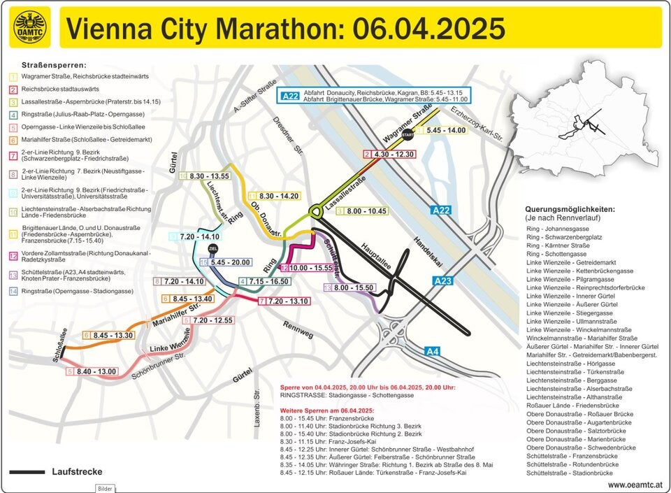 Grafik zeigt: Diese Straßen sind beim Vienna City Marathon gesperrt