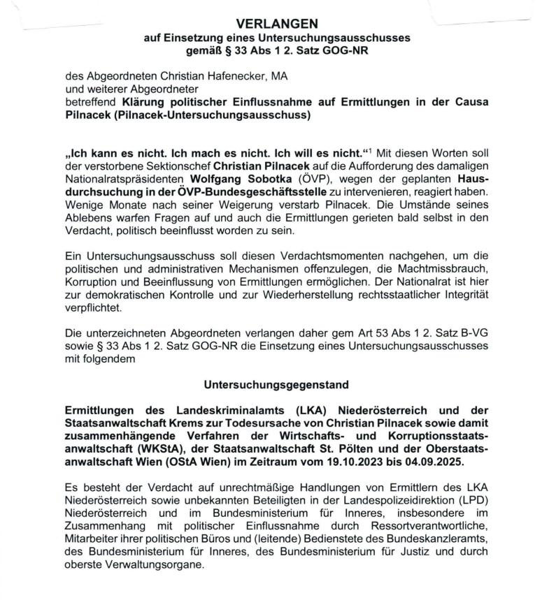 FPÖ-Antrag zu U-Ausschuss  in der Causa Pilnacek