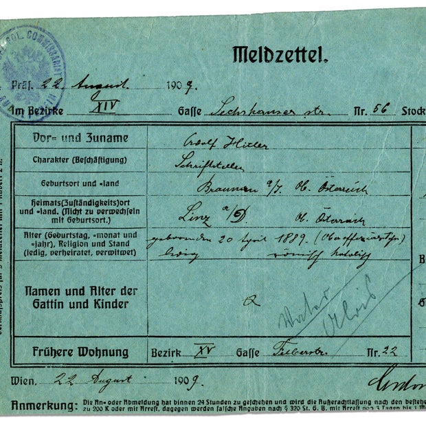 Hitlers Wiener Meldezettel wird versteigert