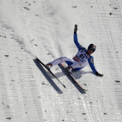 Ein Ski fängt sich im Schnee, Morgenstern wird ausgedreht