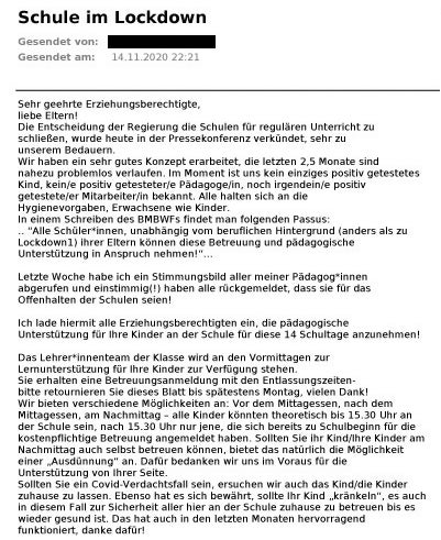 Lockdown: Direktorin ermuntert Eltern, Kinder weiter in Schule zu schicken