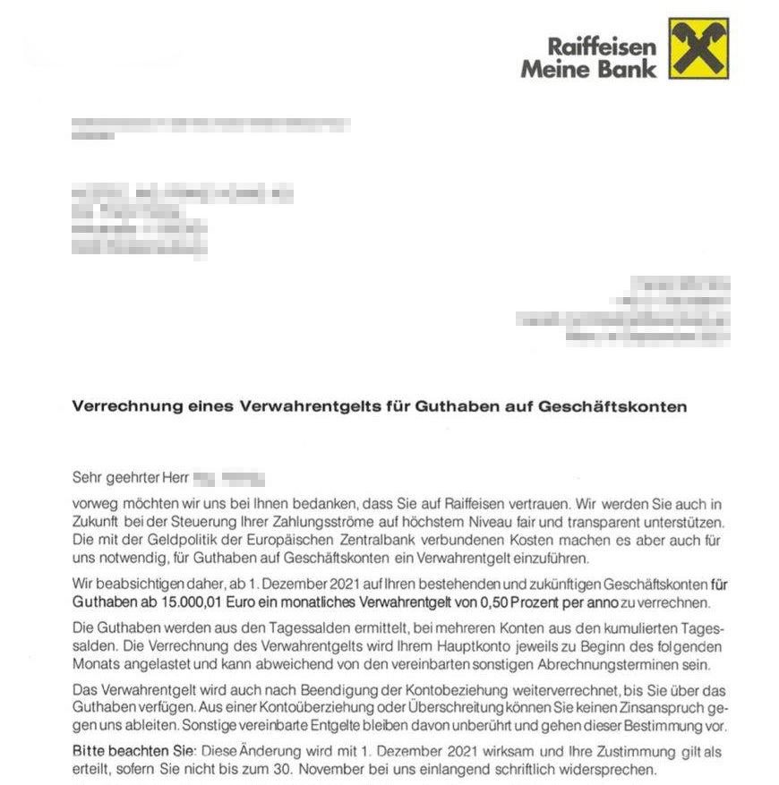 Bank verrechnet Unternehmer Negativzinsen