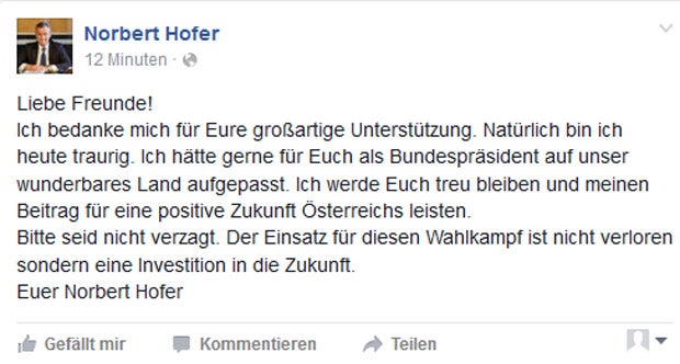 Hofer gesteht Niederlage ein