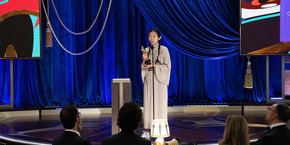 Chloe Zhao accepts the Oscar for Directing 