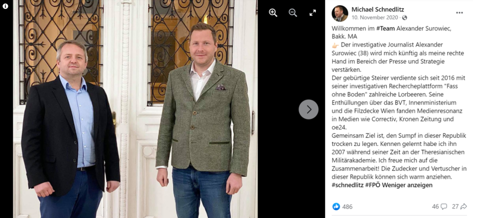 Alexander Surowiec, Ex-FPÖ-Mitarbeiter mit dem blauen Generalsekretär Michael Schnedlitz