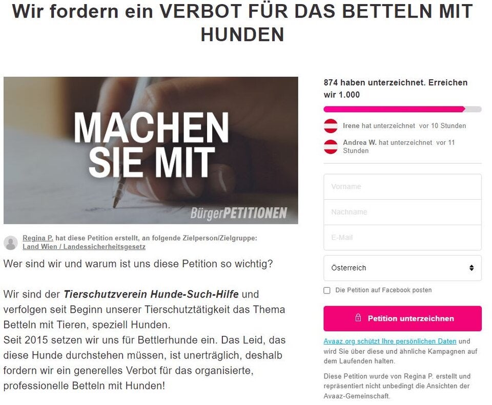 Petition gegen Betteln mit Hunden