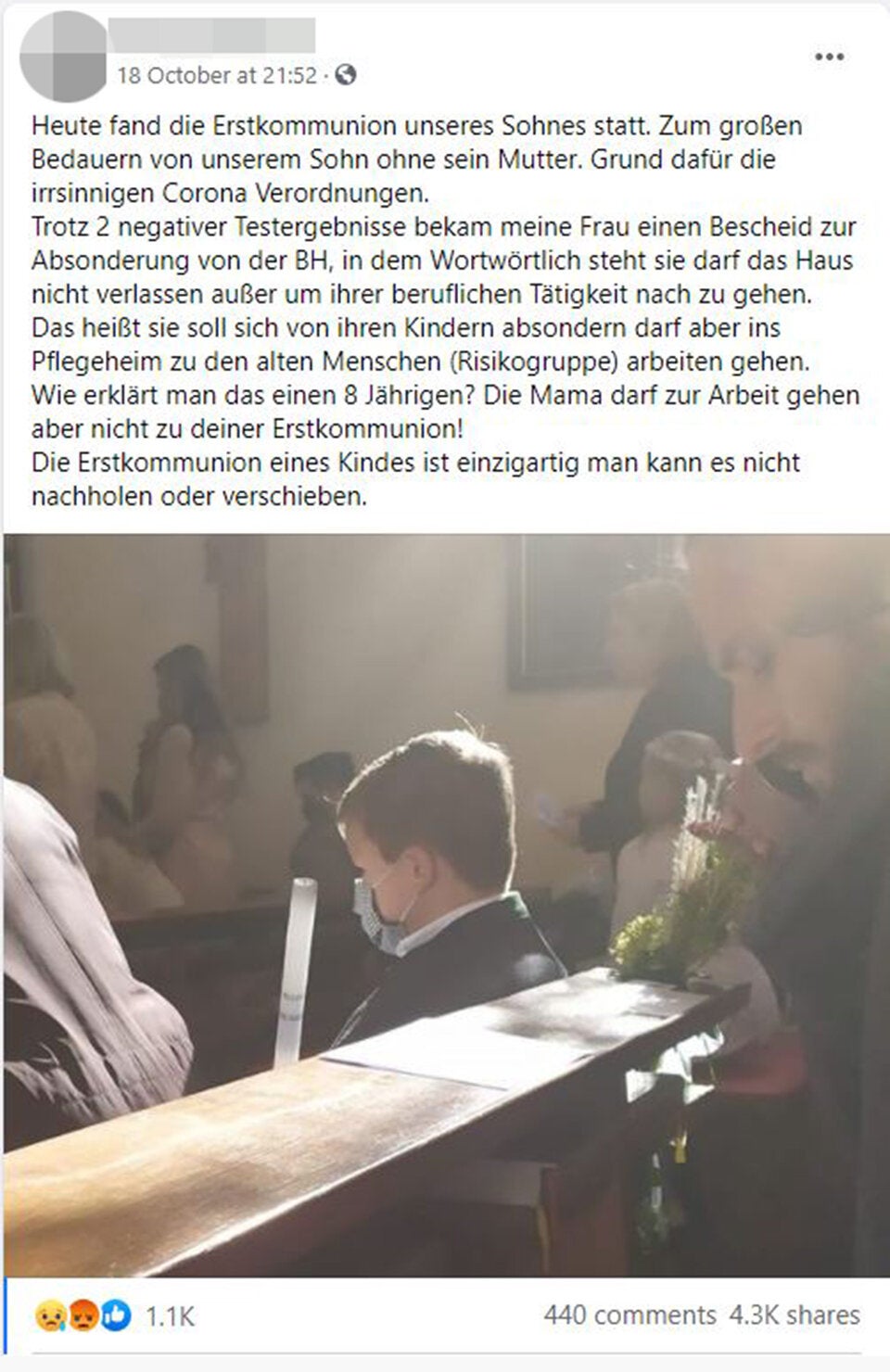 Mutter verpasst wegen Corona-Regeln die Erstkommunion ihres Sohnes