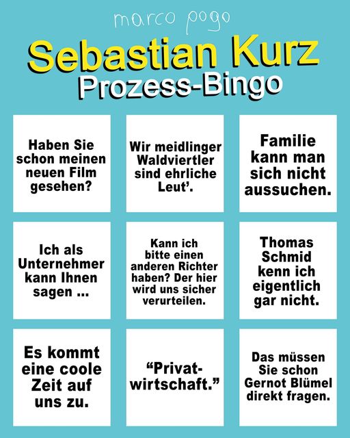 Prozess-Bingo zu Sebastian Kurz von Marco Pogo.