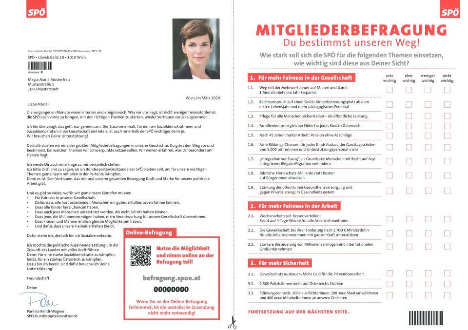 Diesen Frage-Bogen erhalten heute 158.000 SPÖ-Mitglieder