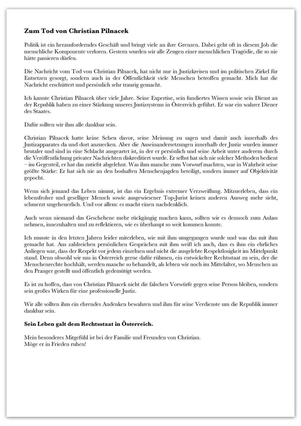 Statement von Sebastian Kurz zum Tod von Christian Pilnacek