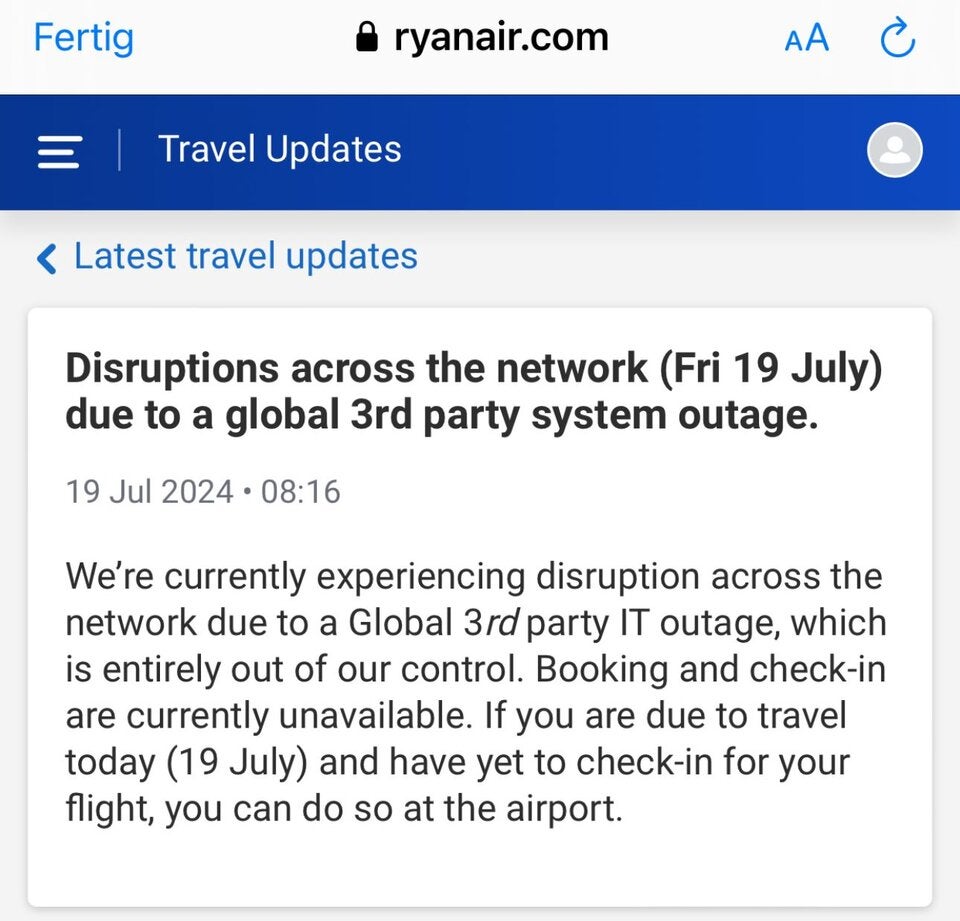 Ryan Air mit Fehlermeldung.