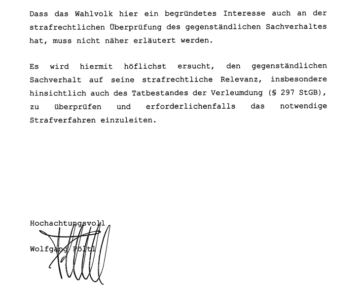 Unterzeichnete Sachverhaltsdarstellung von Wolfgang Pöltl.