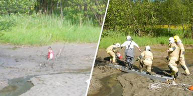 Bub versinkt im Schlamm