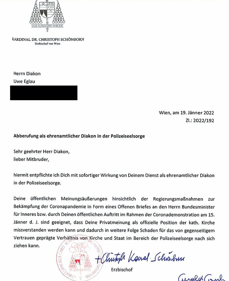 Kardinal Schönborn feuert Polizei-Seelsorger