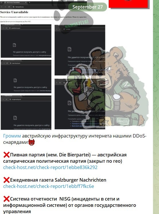 Hier stehen als DDoS-Angriffsziele die Salzburger Nachrichten und die Bierpartei