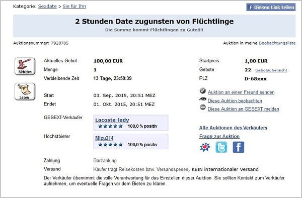 Flüchtlingshilfe: Frau (20) versteigert Sex