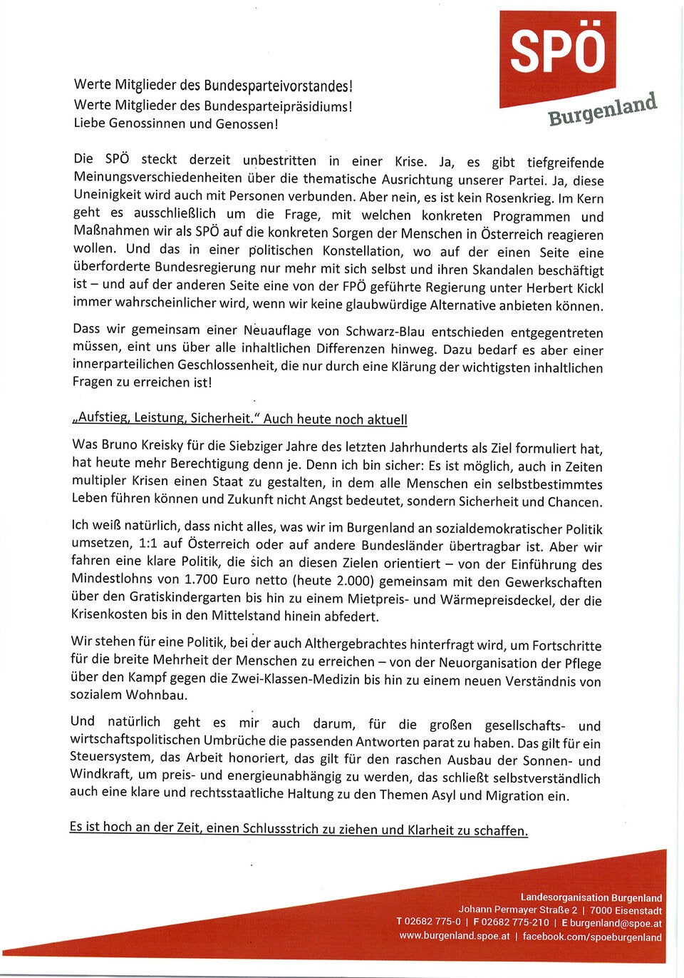 Der ganze Brief: So erpresst Doskozil die SPÖ