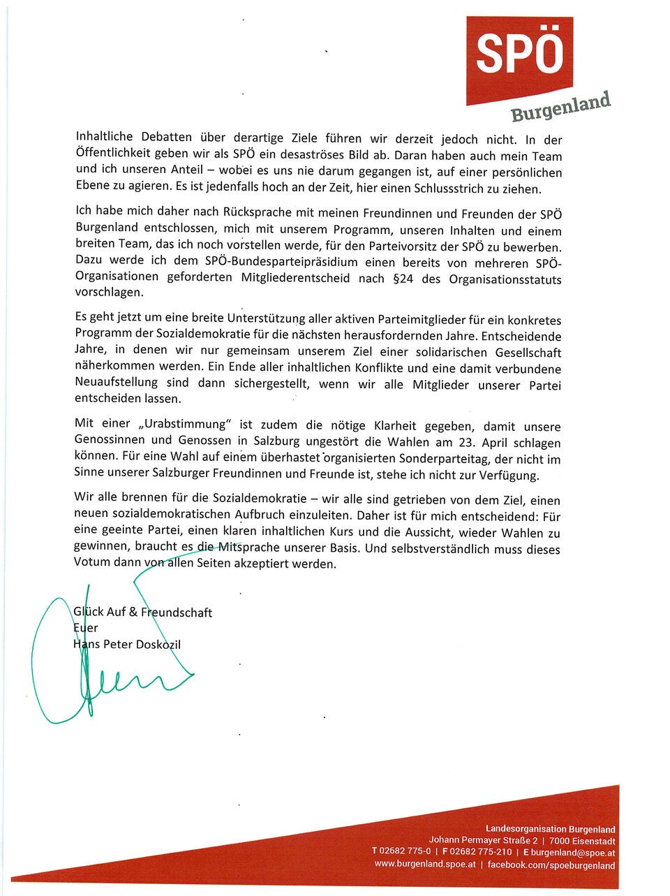 Der ganze Brief: So erpresst Doskozil die SPÖ