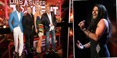 Das Supertalent Dieter Bohlen, Bruce Darnell, Guido Maria Kretschmer, Lena Gercke und Kandidat Marcel Kaupp