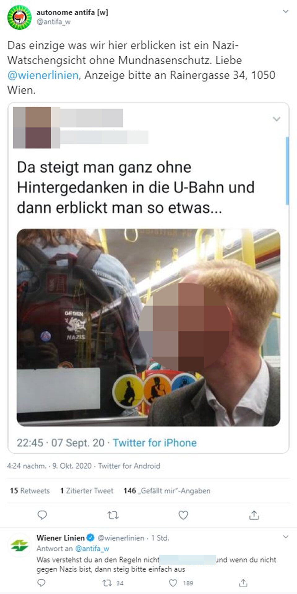 Nazi-Eklat ohne Mund-Nasenschutz in Wiener U-Bahn