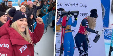 Sekt-Hoppala! Vonn wird dank rot-wei&szlig;-roter Fans zum Feierbiest