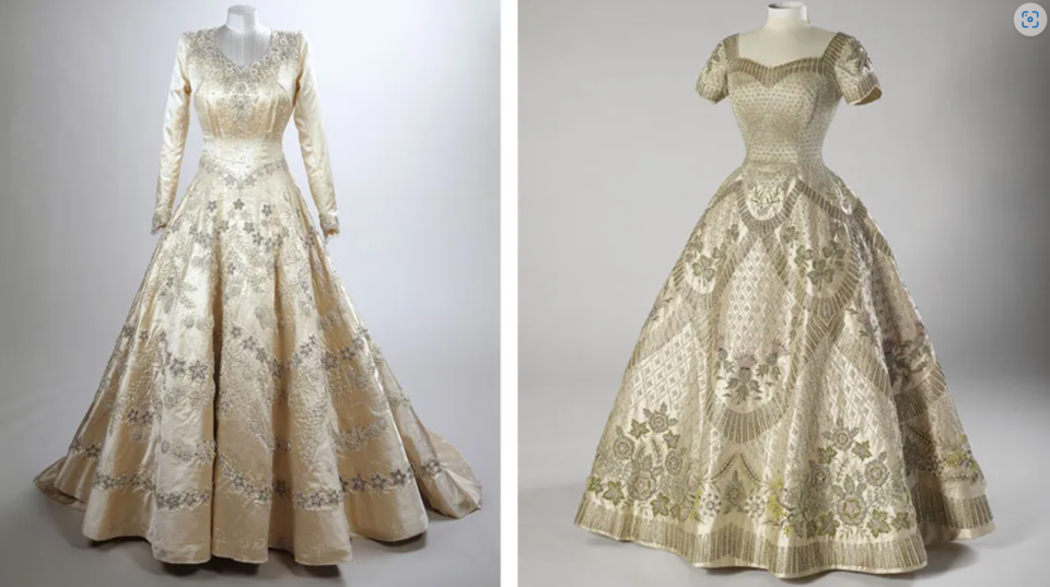 Links: Das Hochzeitskleid von Prinzessin Elizabeth, Norman Hartnell, 1947. Rechts: Das Krönungskleid der Queen, Norman Hartnell, 1953.