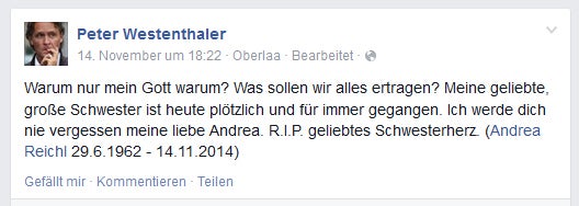 Westenthaler trauert um seine Schwester