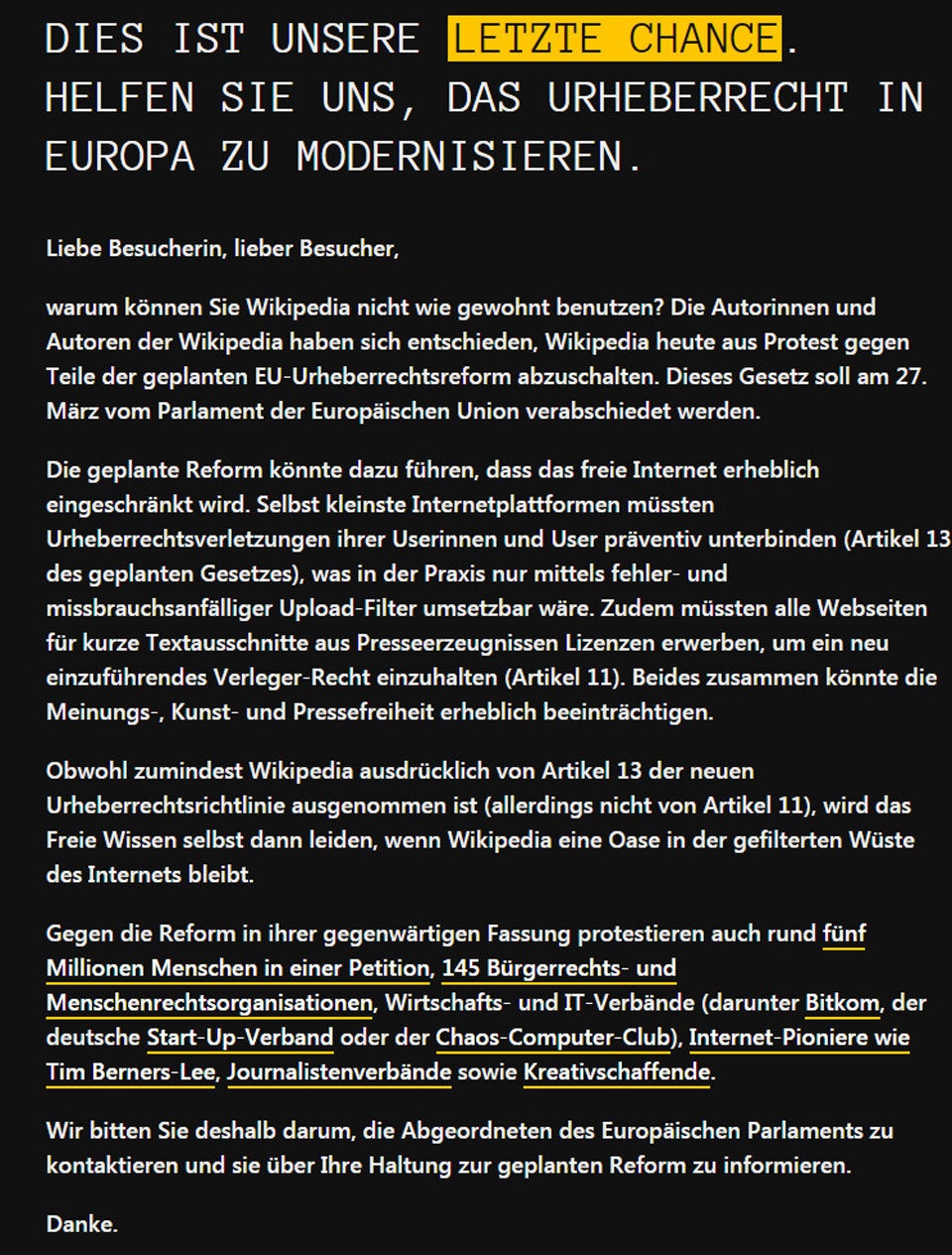 Neues Urheberrecht: Wikipedia 1 Tag offline